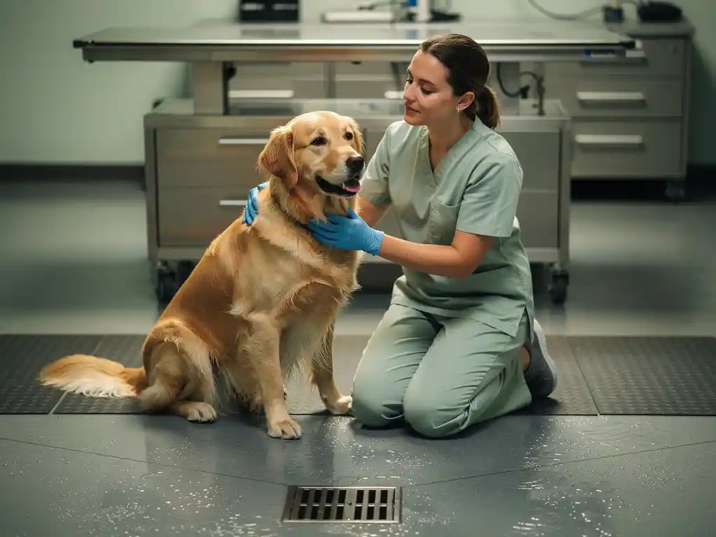 Veterinary technician kneeling beside a calm golden retriever on a clinical floor with stainless steel exam table in background.