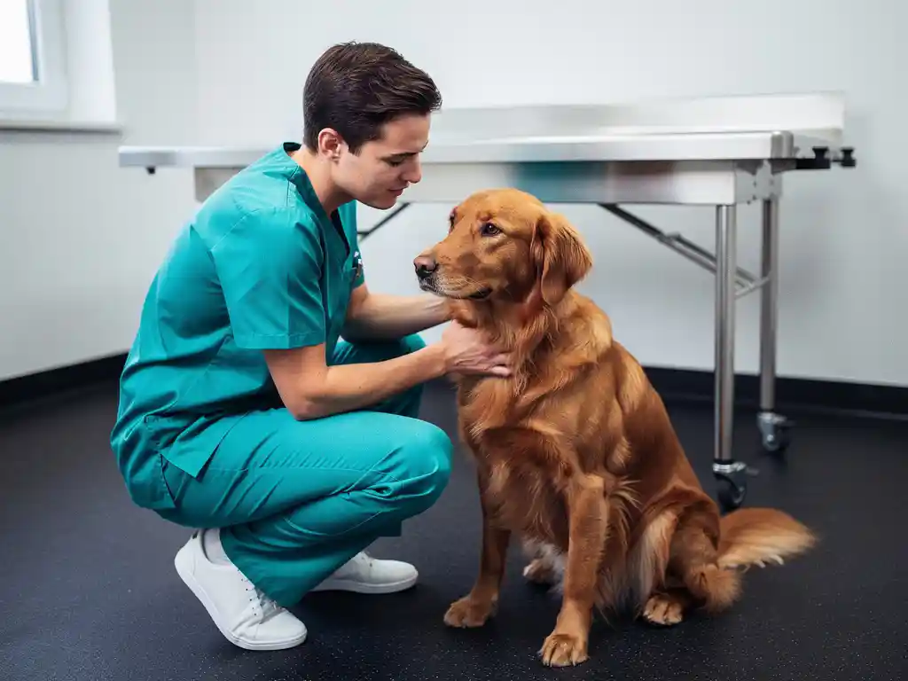 Veterinarian in scrubs crouching to examine a calm golden retriever on a dark rubber clinic floor during a routine checkup.