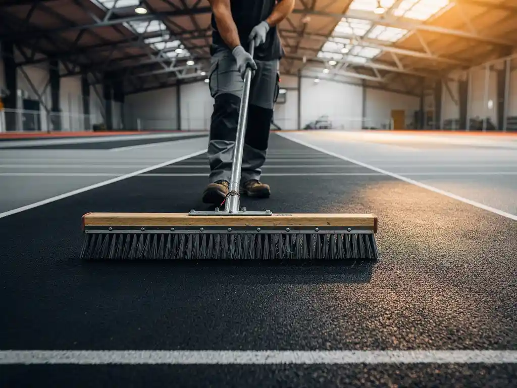 Groundskeeper dragging a wide brush across a charcoal rubber gym floor, steel rafters reflected in the polished surface under warm amber lights.