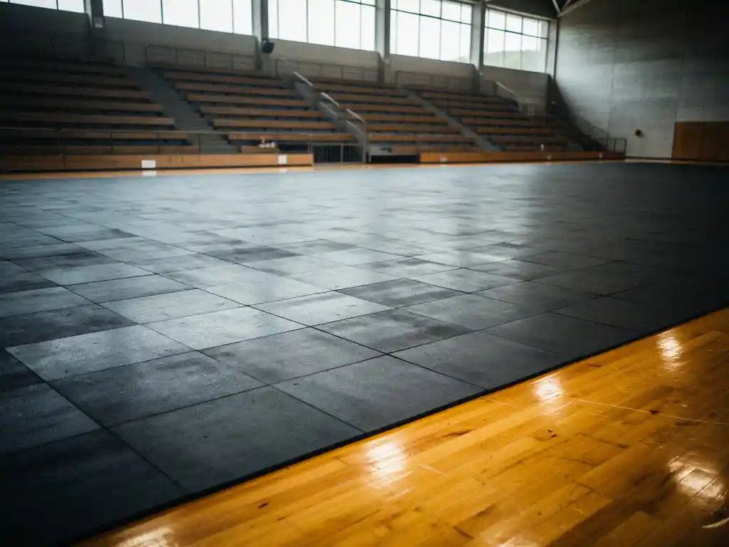 Empty gymnasium with rubber floor mats covering polished hardwood, bleachers in background, natural light from clerestory windows above.