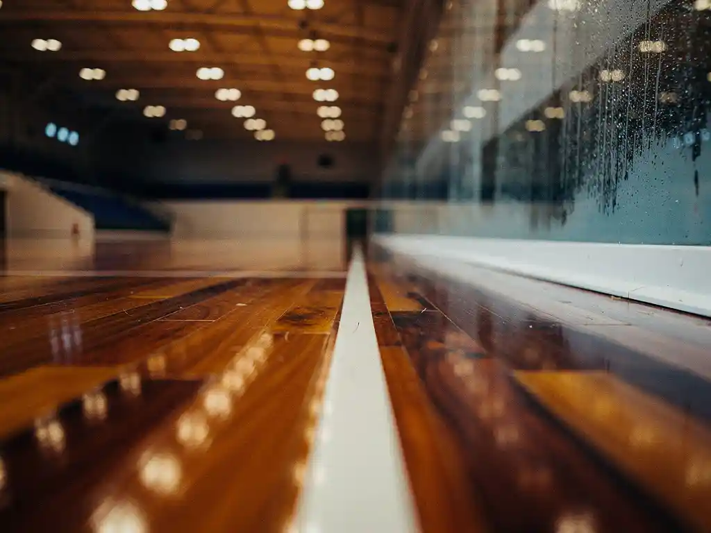 Polished hardwood basketball court floor with amber wood tones, white lane markings, and reflected gymnasium lights stretching into the distance.