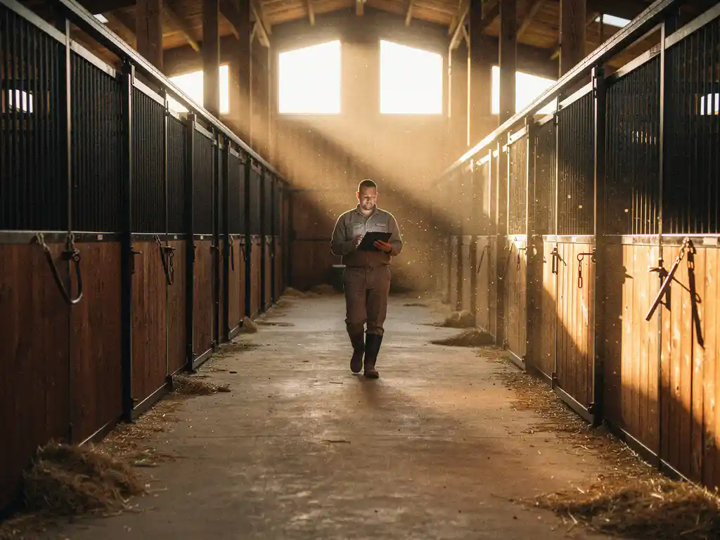 Barn manager walking a wide horse barn aisle flanked by dark wooden stall doors, golden hay dust drifting through warm afternoon light.
