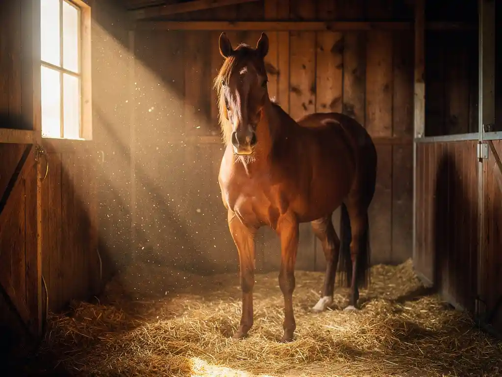 Horse standing calmly in a clean wooden stall with golden straw bedding, bathed in warm afternoon sunlight streaming through a window.