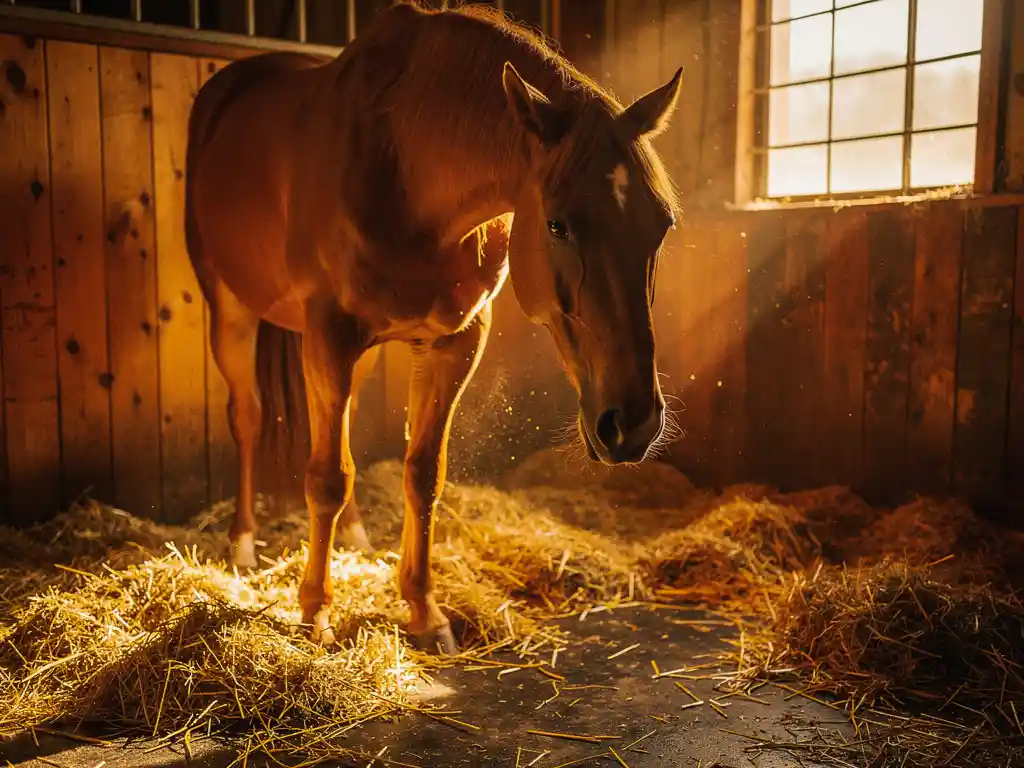 Chestnut horse standing in a warmly lit stable stall with golden straw bedding and amber afternoon light streaming through a wooden barn window.