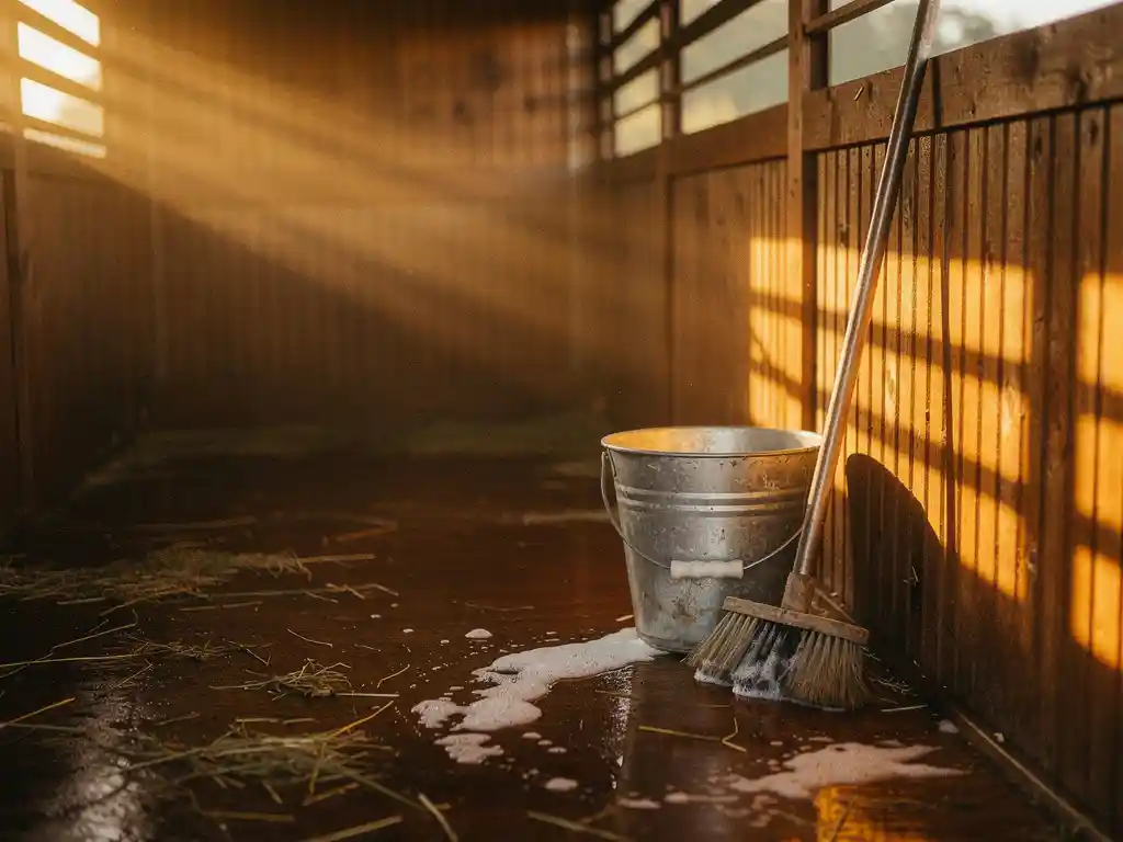 Weathered wooden horse trailer interior with soapy water bucket and scrub brush against ribbed wall, hay scattered on damp floor in warm afternoon sunlight.