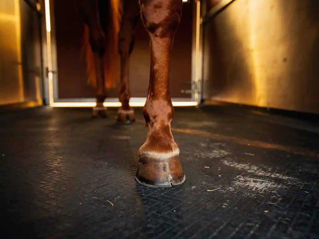 Chestnut horse standing calmly in a trailer, one hoof on a thick rubber mat, warm amber light from the open rear door.