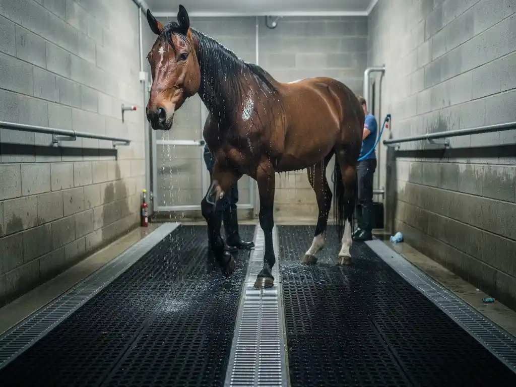 Chestnut horse being washed in a large animal veterinary wash bay with rubber flooring and concrete block walls.