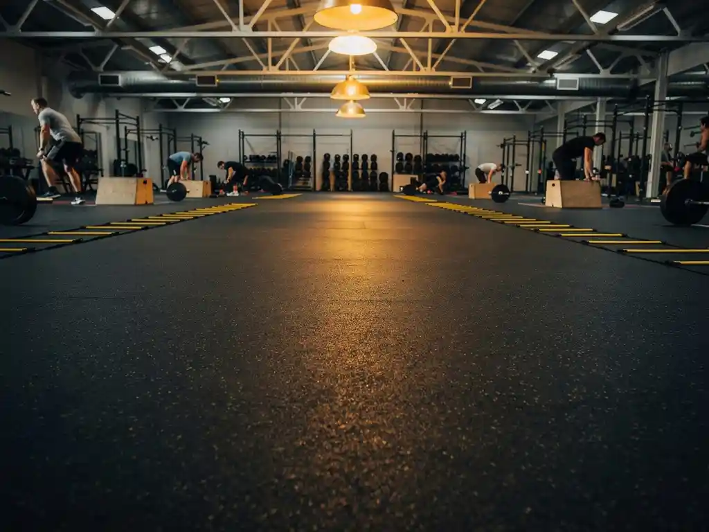 Athletes training on charcoal rubber flooring in a vast gym facility with weightlifting platforms under warm industrial lighting.