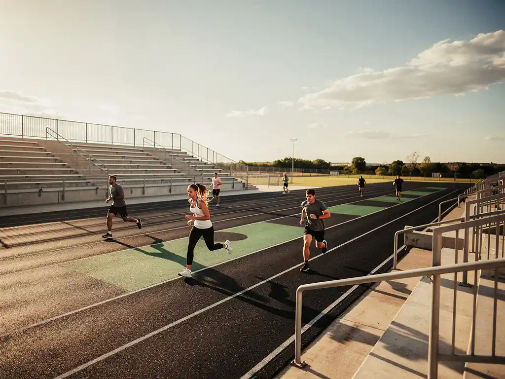Athletes sprinting and stretching on rubber-floored outdoor training facility bathed in warm late-afternoon sunlight, with bleachers in background.