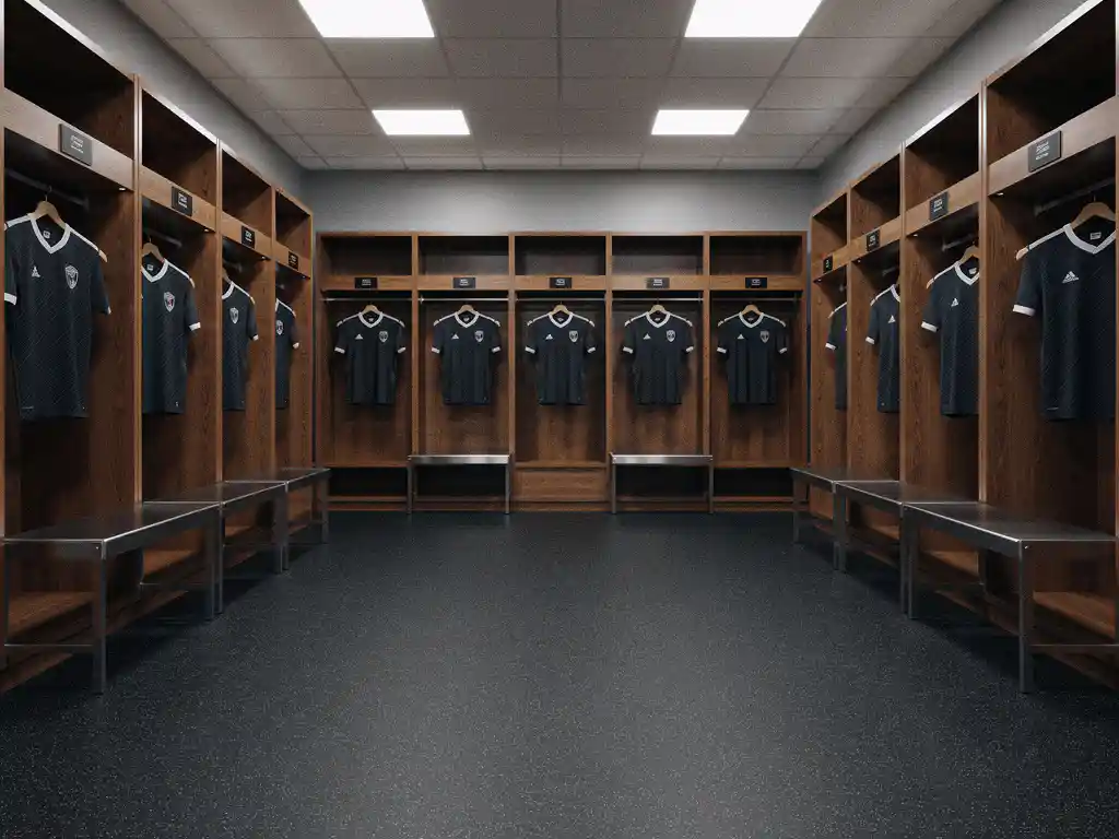 Professional sports locker room with wooden lockers, hanging team jerseys, stainless steel benches, and dark rubber flooring under soft overhead lighting.