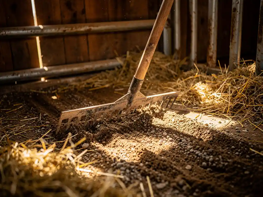 Weathered wooden-handled rake smoothing gravel and dirt inside a rustic horse stall, golden hay along edges, warm afternoon light filtering through barn slats.