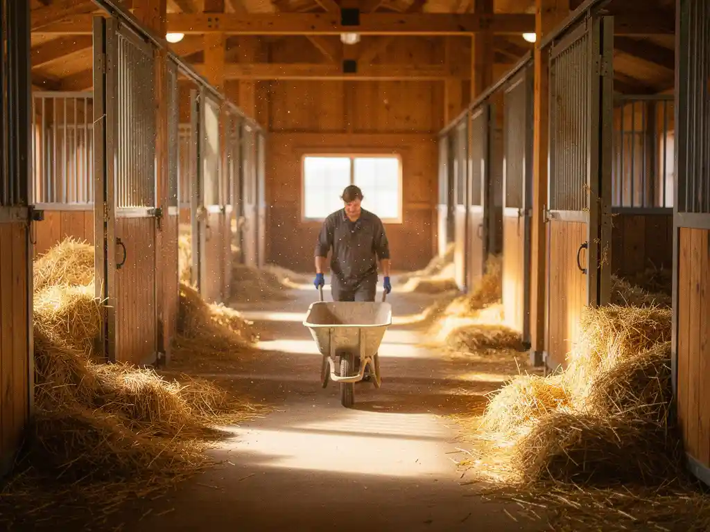 Stable hand pushing a wheelbarrow through a sunlit horse stable corridor with open stalls and golden straw bedding.