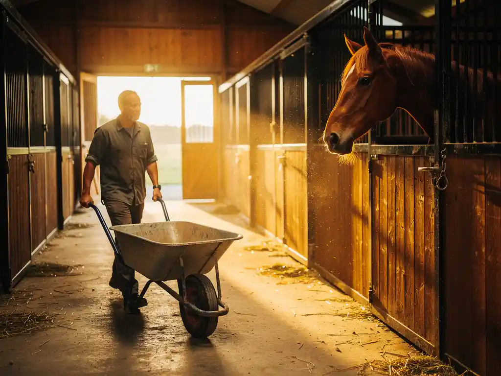Stable hand pushing a wheelbarrow through a sunlit barn aisle past wooden horse stalls, chestnut horse visible over a stall door.