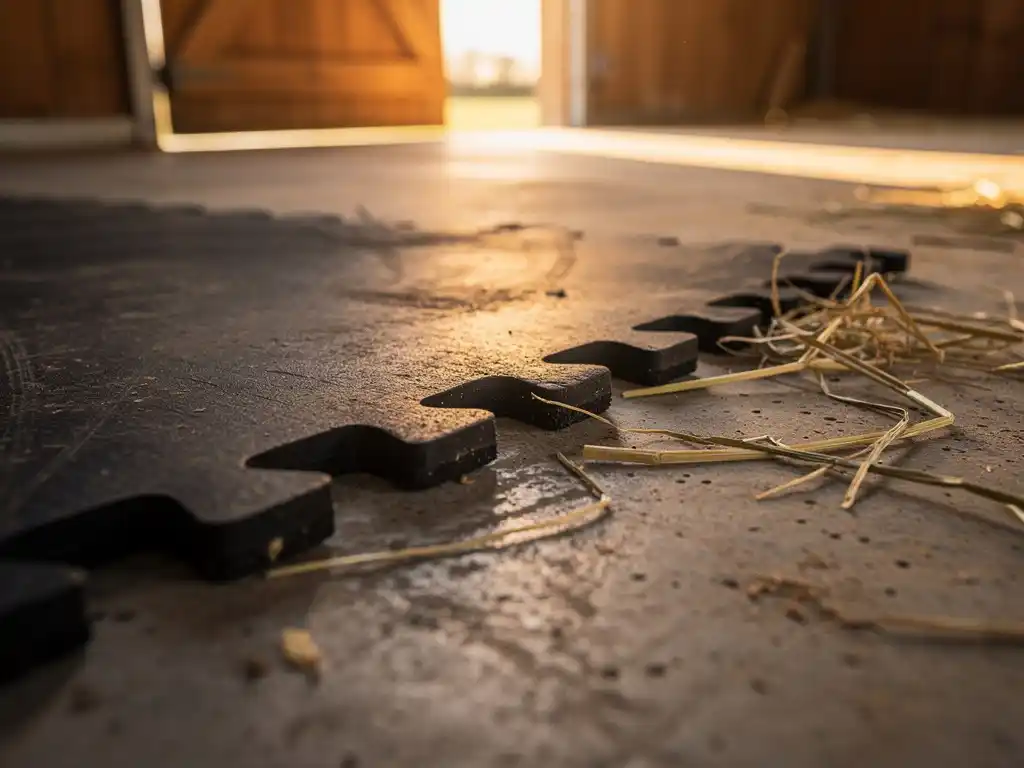 Worn rubber stable mat edge joining interlocking puzzle border on barn concrete floor, with hay wisps in warm golden light.