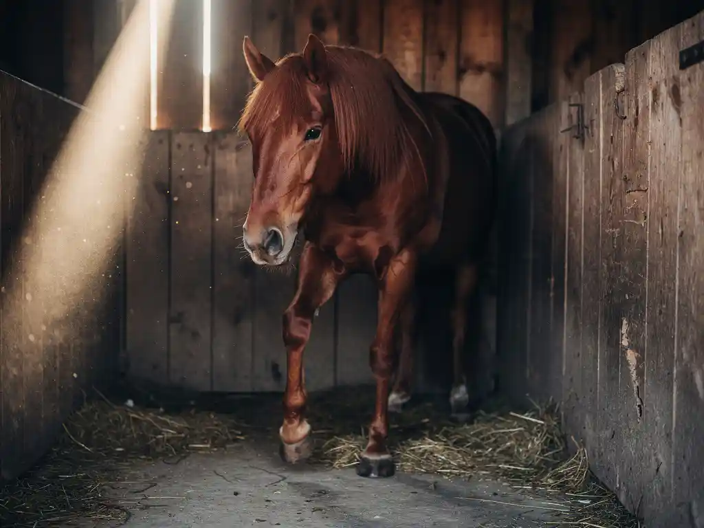 Tired chestnut horse resting in a dim wooden barn stall, one leg raised, dust drifting through a shaft of afternoon light.