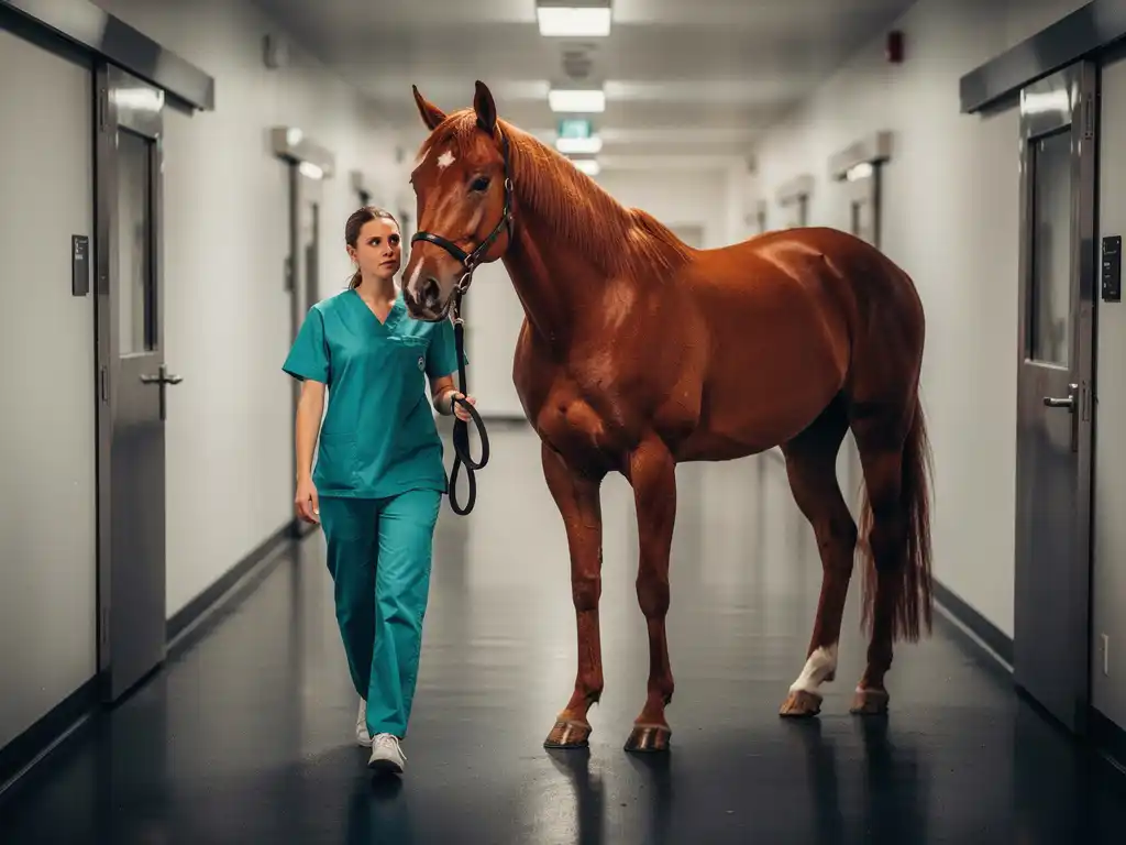 Veterinarian in scrubs walking alongside a chestnut horse through a bright equine hospital corridor with white walls and dark flooring.