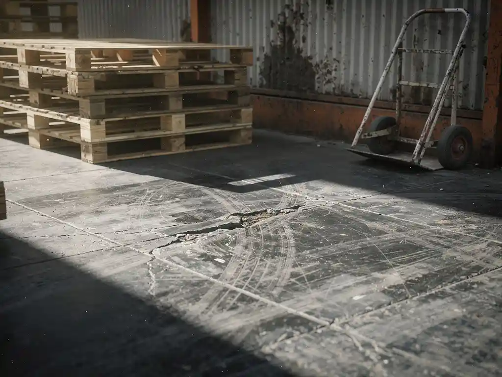 Weathered concrete warehouse floor with forklift tire tracks, scuff marks, and gouges near a loading dock with stacked wooden pallets.