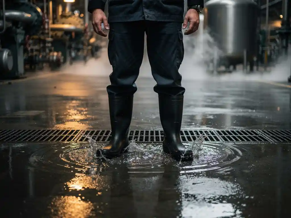 Worker in rubber boots standing on wet factory floor with drainage grates, steam rising near heavy machinery under dramatic overhead lighting.