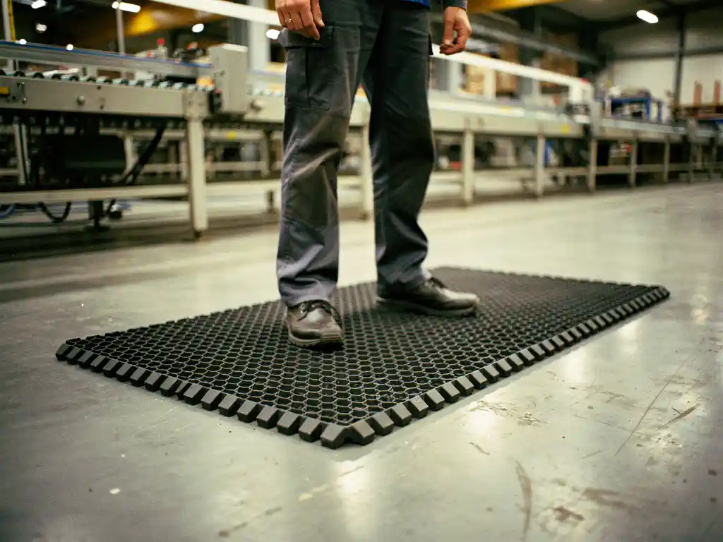 Factory worker standing on black rubber anti-fatigue mat on industrial assembly line floor under warm warehouse lighting.