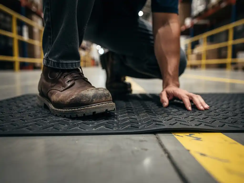 Worker in steel-toed boots inspecting beveled edges of a black rubber anti-fatigue mat on an industrial warehouse floor.