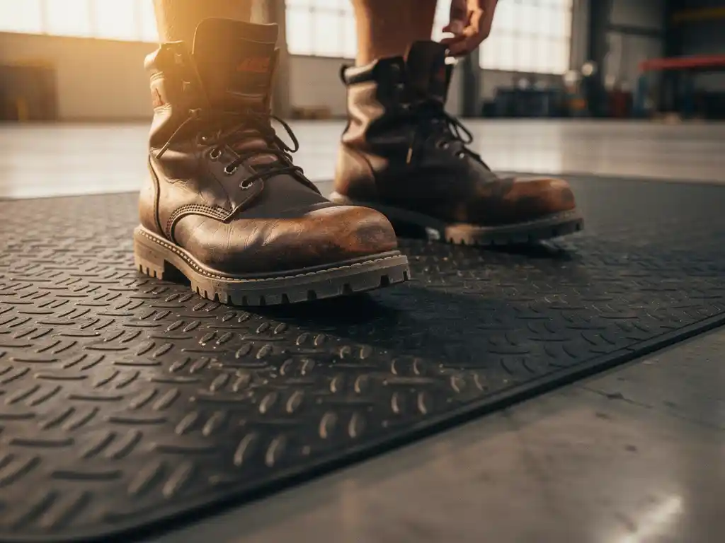 Steel-toed boots standing on a thick black anti-fatigue mat in an industrial workspace with warm natural light.