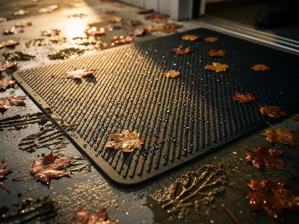 Charcoal rubber anti-fatigue mat in a wet industrial entryway surrounded by muddy boot prints and autumn leaves on concrete.