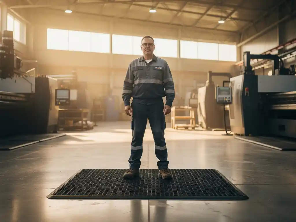 Worker standing relaxed on a thick black rubber anti-fatigue mat in a bright industrial facility with concrete floors and warm overhead lighting.