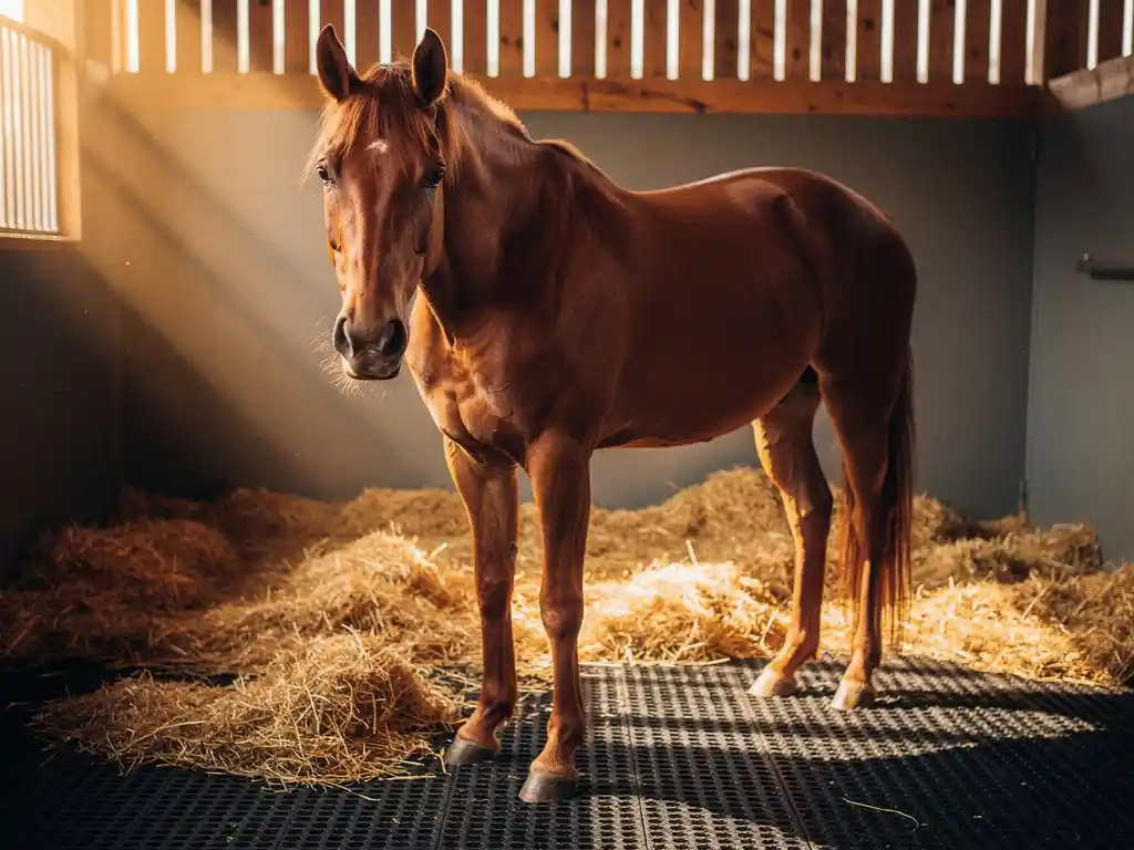 Chestnut horse standing in a sunlit stable stall with dark rubber matting and fresh golden straw scattered across the floor.
