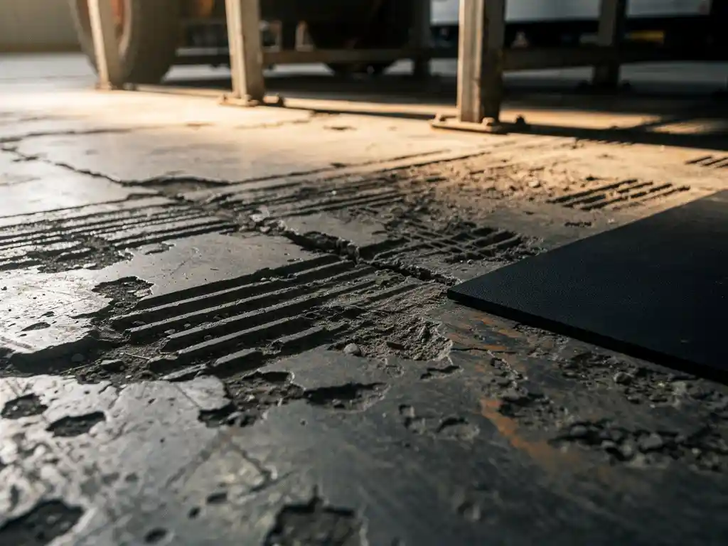 Worn concrete factory floor with deep gouges, chemical stains, and forklift tire grooves beside a black rubber mat under raking industrial light.