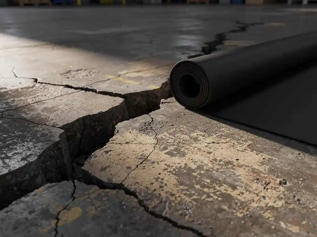 Black rubber mat partially unrolled over cracked concrete warehouse floor, revealing protected surface beside a deep structural fissure.
