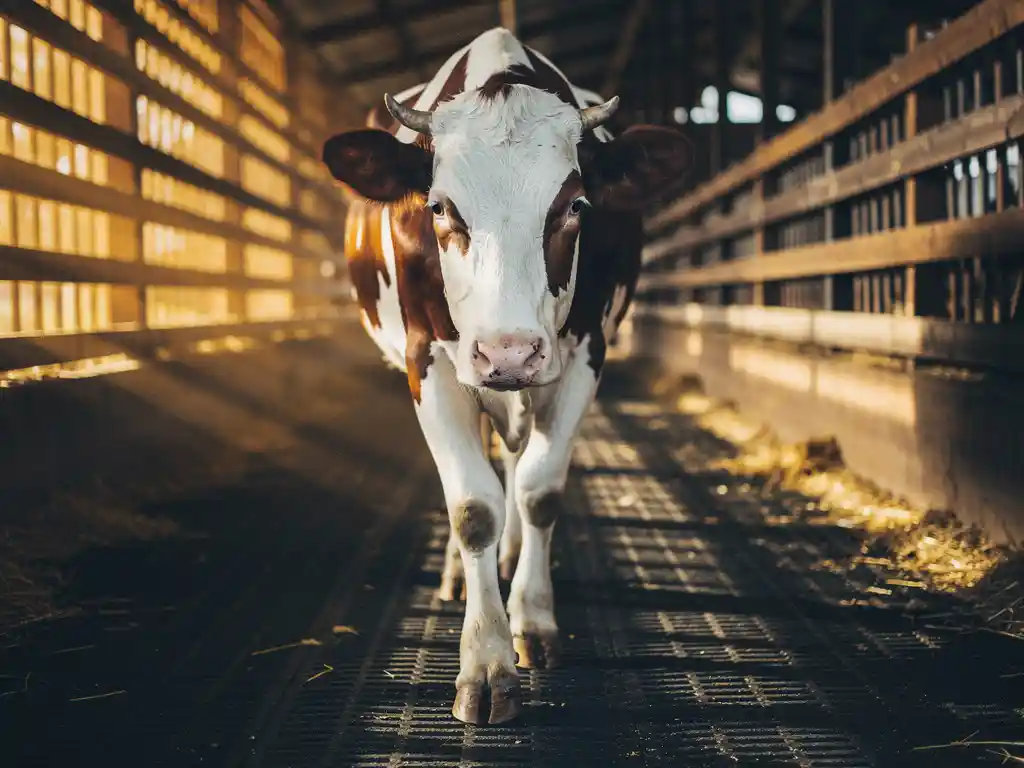 Dairy cow walking through a barn corridor on dark rubber matting, warm amber light filtering through slatted wooden walls.
