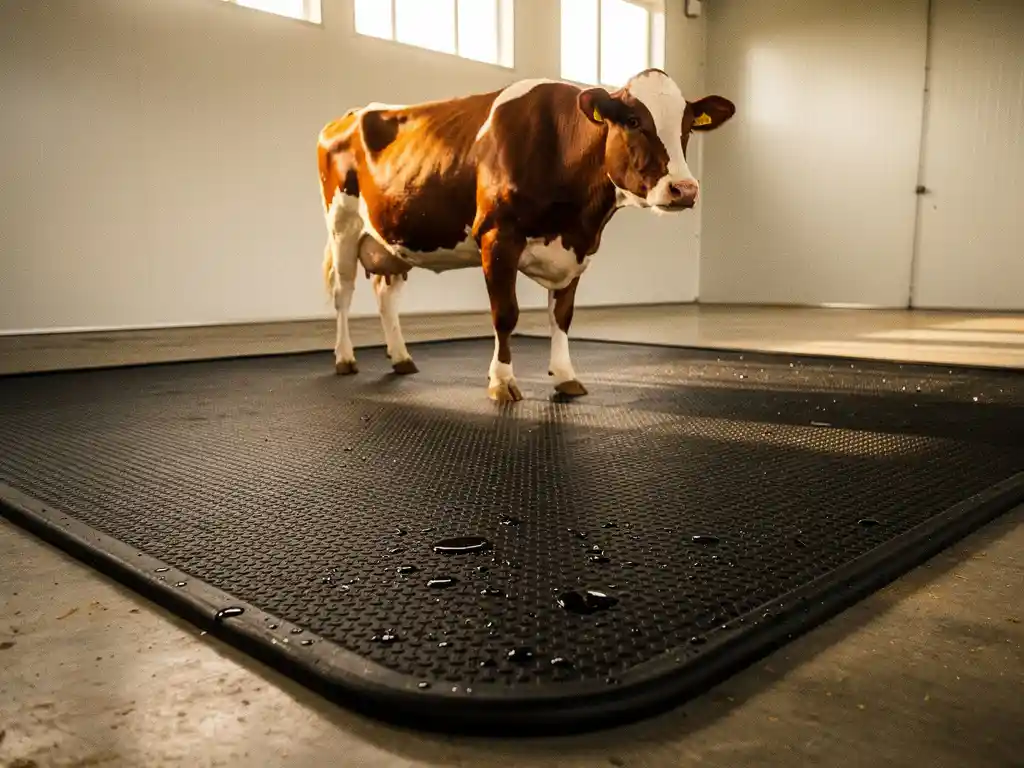 Dairy cow standing on thick black rubber anti-slip mat in a clean barn facility with natural light.