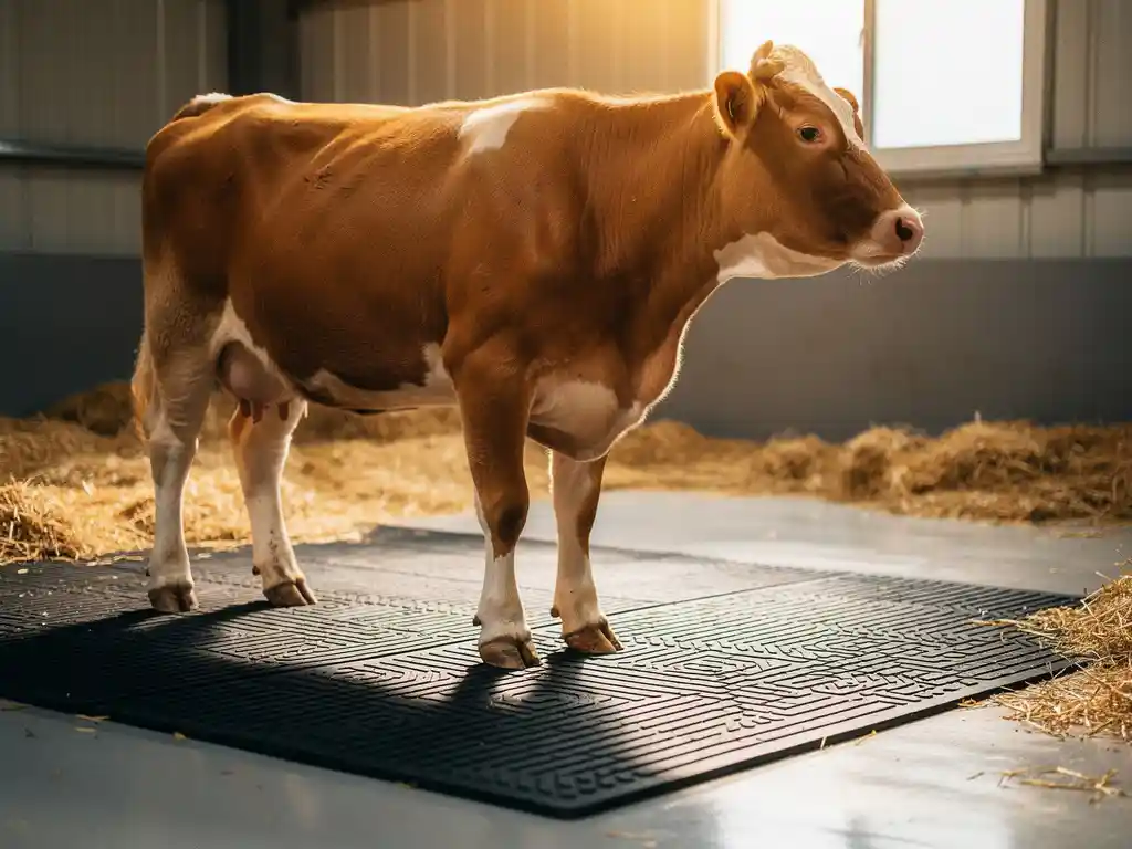 Dairy cow standing on a thick black rubber anti-slip mat in a clean barn with soft straw and warm golden light.