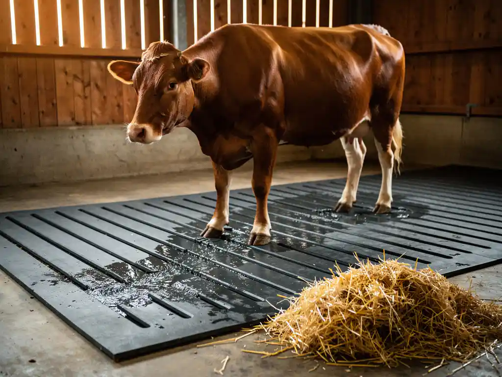 Dairy cow standing on grooved rubber barn mat with drainage channels, fresh straw and warm amber light in clean stall.