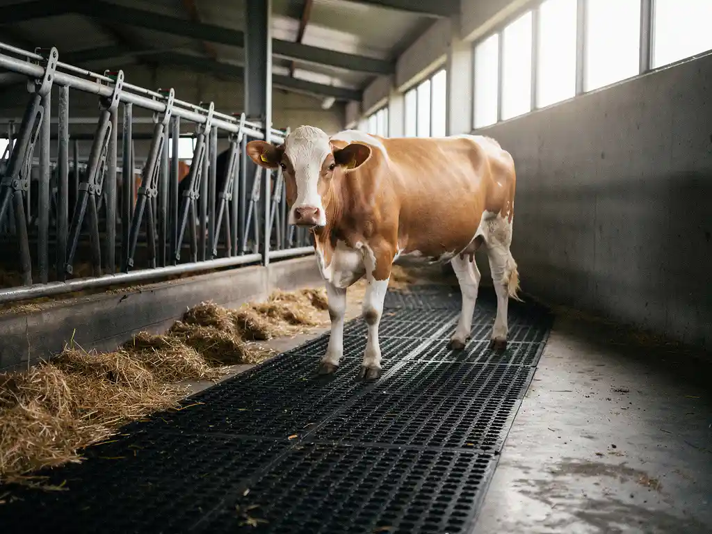 Dairy cow standing calmly on thick black rubber mats in a clean, well-lit livestock facility corridor with concrete walls.