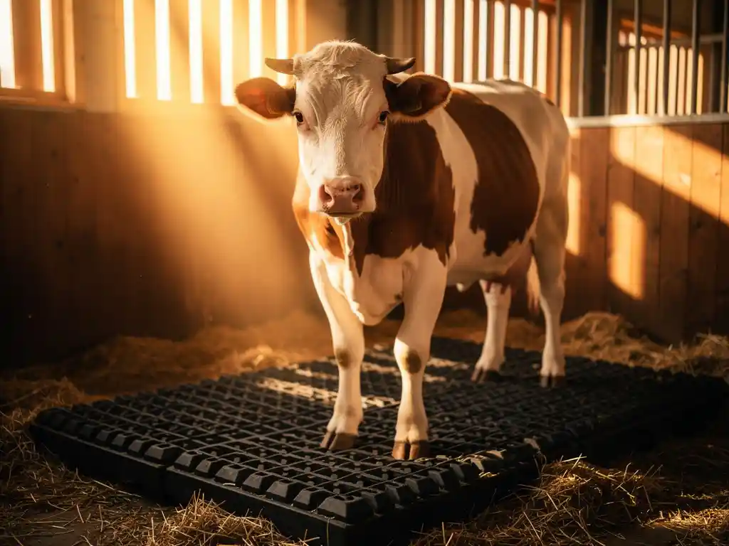 Dairy cow resting on rubber barn matting in a straw-lined stall, warm golden light filtering through wooden slat windows.