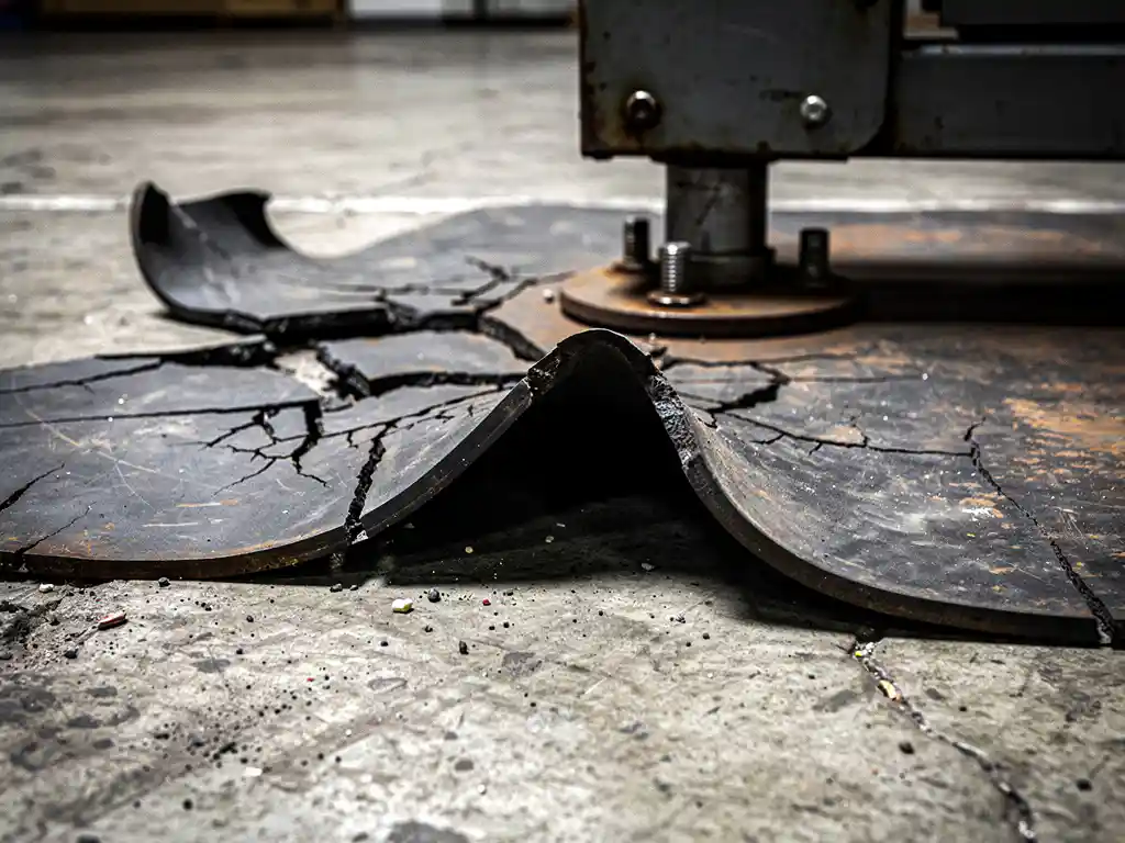 Cracked industrial rubber floor mat with peeling, curling edges on a concrete warehouse floor beside a heavy steel equipment leg.