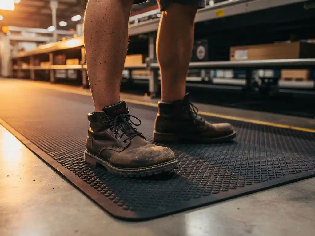 Factory worker standing on a black rubber anti-fatigue mat at an industrial assembly line, posture relaxed, concrete floor visible at mat's edge.
