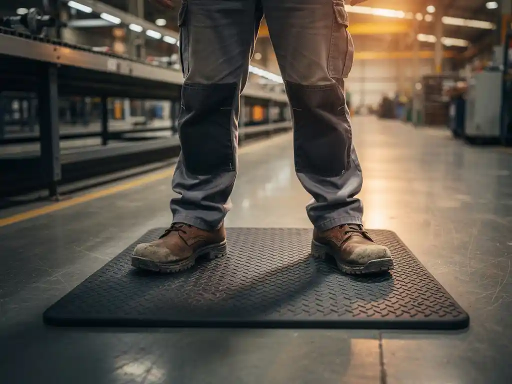 Factory worker standing on a thick black rubber anti-fatigue mat at an industrial assembly line, concrete floor visible at the edges.