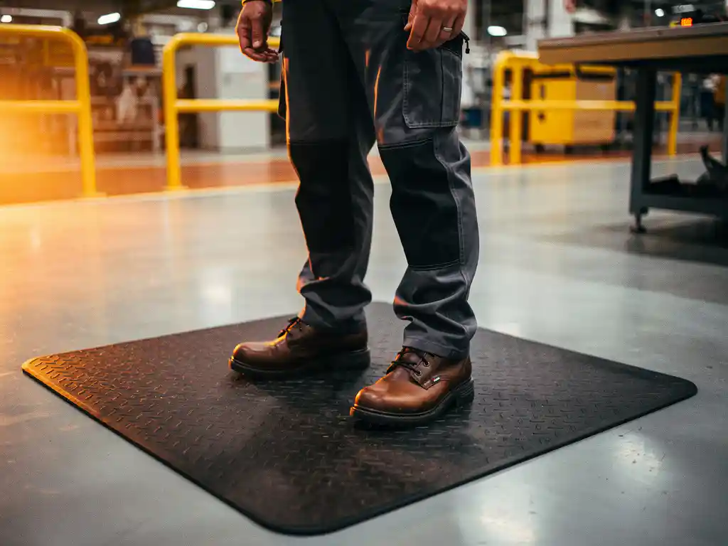 Factory worker standing relaxed on thick dark rubber anti-fatigue mat in a bright industrial workspace with concrete floor visible beyond the mat's edge.