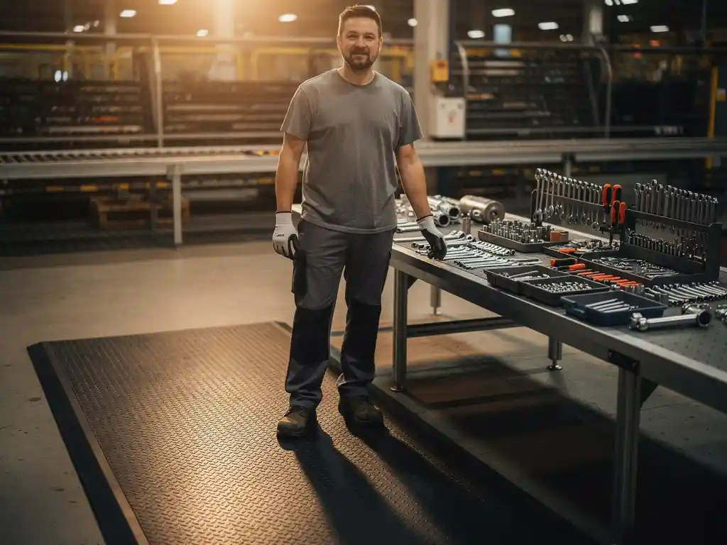 Factory worker standing upright on a thick black anti-fatigue rubber mat at an industrial assembly line with organized tools nearby.