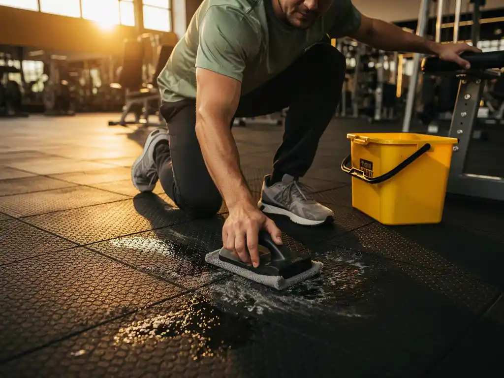 Gym worker kneeling to buff a charcoal rubber sports floor with a cleaning pad, yellow maintenance bucket nearby, warm gymnasium light overhead.