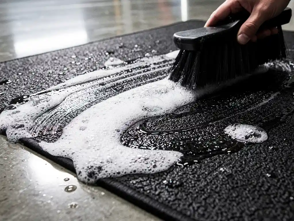 Worn charcoal rubber gym mat scrubbed with a stiff brush, white foam suds lifting grime to reveal clean textured surface.
