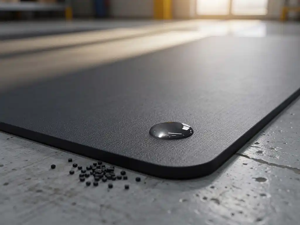Durable black rubber mat on concrete floor with beading water droplet, showing no wear after heavy industrial use.