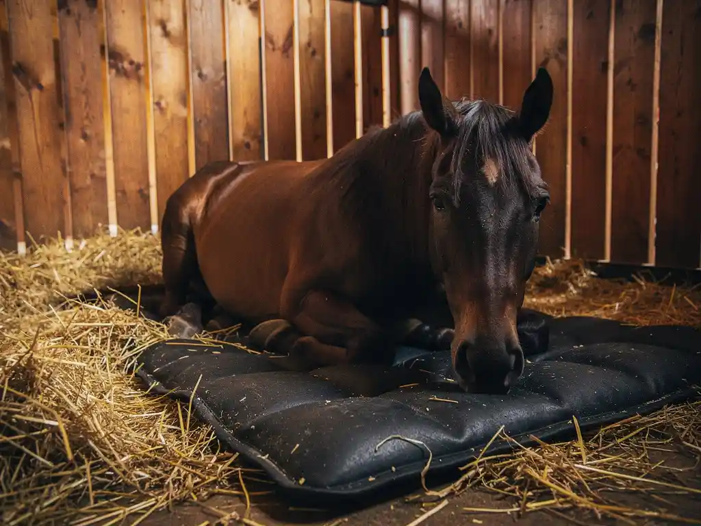 Horse resting on thick black rubber mat in a warmly lit veterinary recovery stall with golden straw bedding.