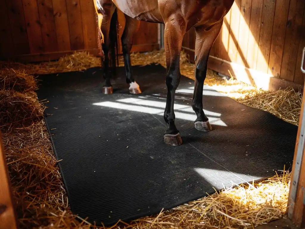 Calm horse standing on a thick black rubber stall mat with textured non-slip surface, golden hay at edges, warm barn lighting.