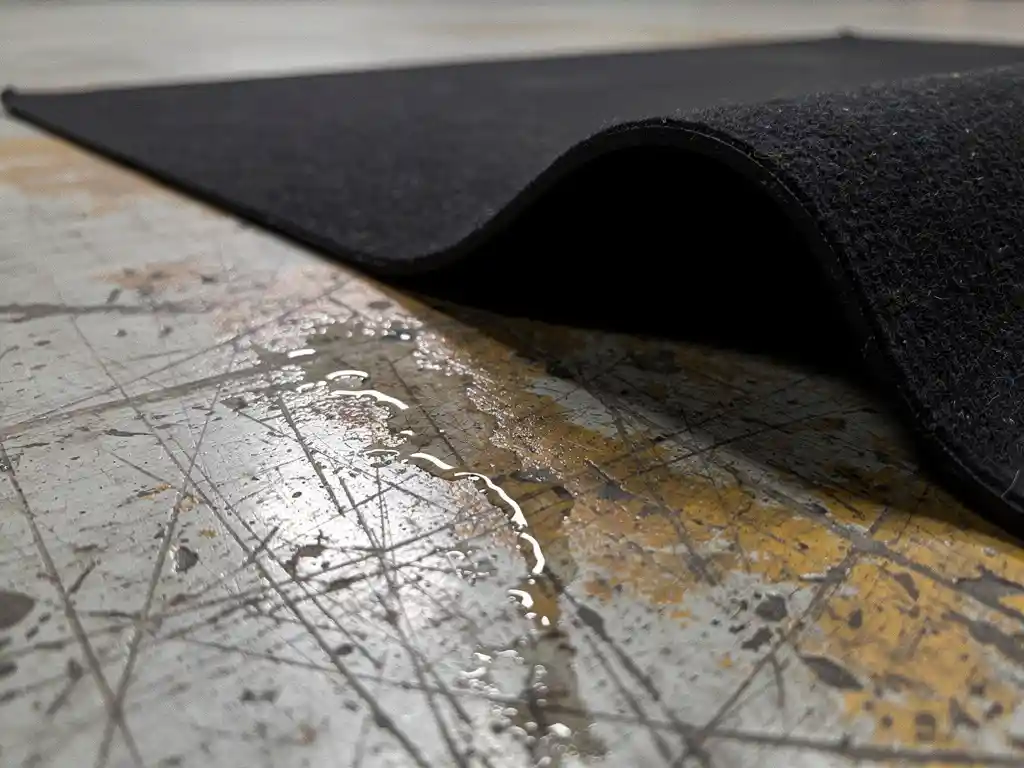 Worn industrial concrete floor with moisture pooling in grooves beside a curling rubber mat edge revealing protected surface beneath.