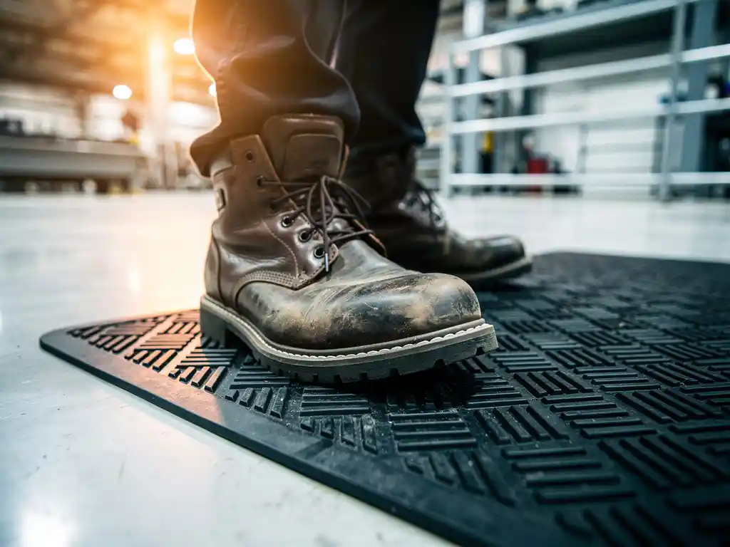 Factory worker in steel-toed boots stepping onto a textured anti-slip black rubber mat in an industrial facility.