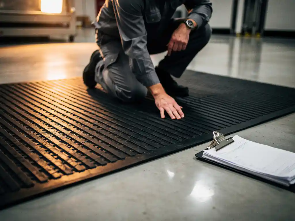 Professional inspecting a thick black rubber industrial mat with clipboard in a well-lit commercial facility with polished concrete floors.