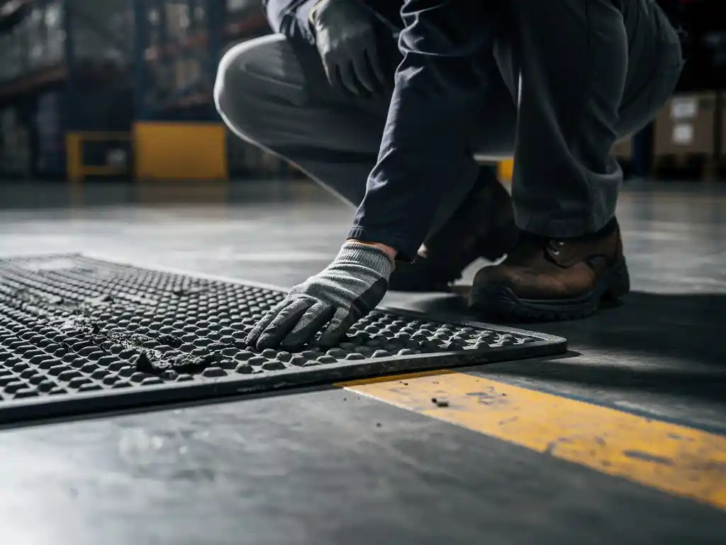 Facility worker in steel-toe boots crouching to inspect a textured industrial rubber mat on a concrete warehouse floor.